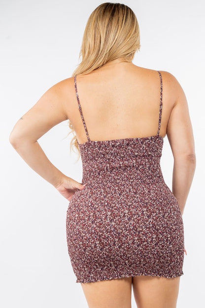 back of Floral Smocking Bodycon Dress in brown color