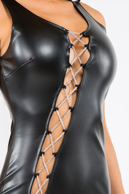 Bam Glam Rhinestone & Leather Dress - Black - Close Up