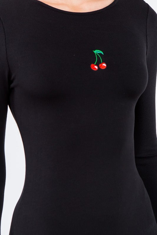 close up of Cherry on Top Rib Dress in black color