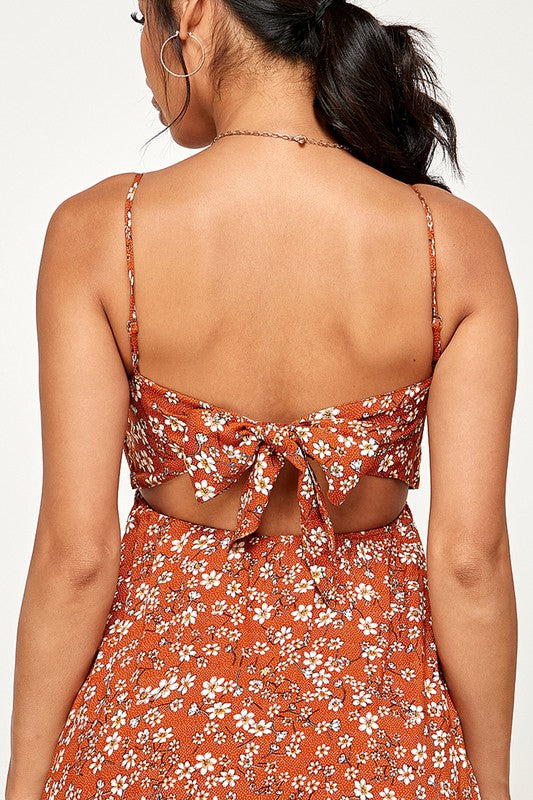 Floral Tie Back Cami Mini Dress - Rust - Back View