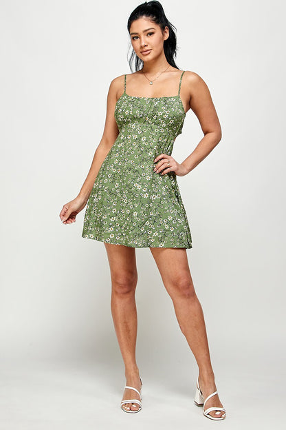 Floral Tie Back Cami Mini Dress - Green
