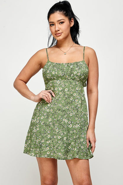 Floral Tie Back Cami Mini Dress - Green