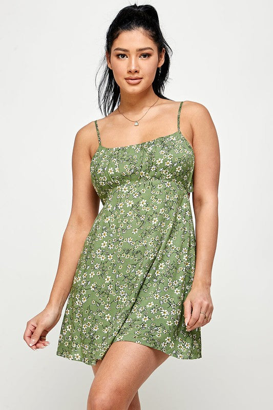 Floral Tie Back Cami Mini Dress - Green