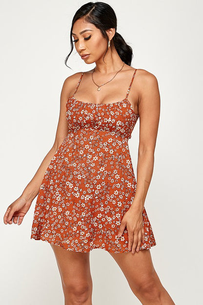 Floral Tie Back Cami Mini Dress - Rust