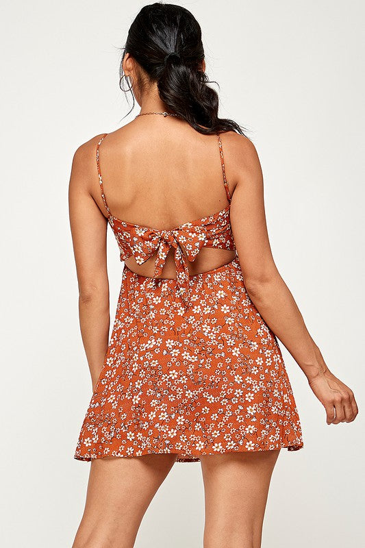 Floral Tie Back Cami Mini Dress - Rust - Back View