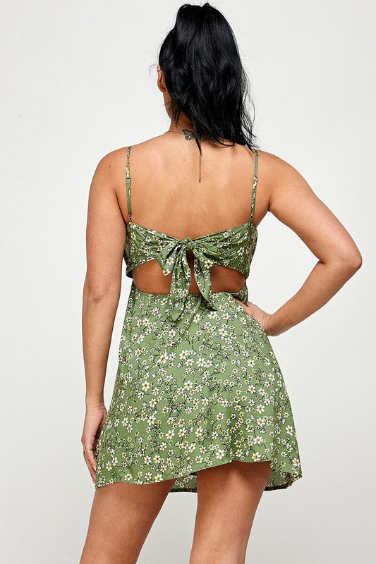 Floral Tie Back Cami Mini Dress - Green - Back View