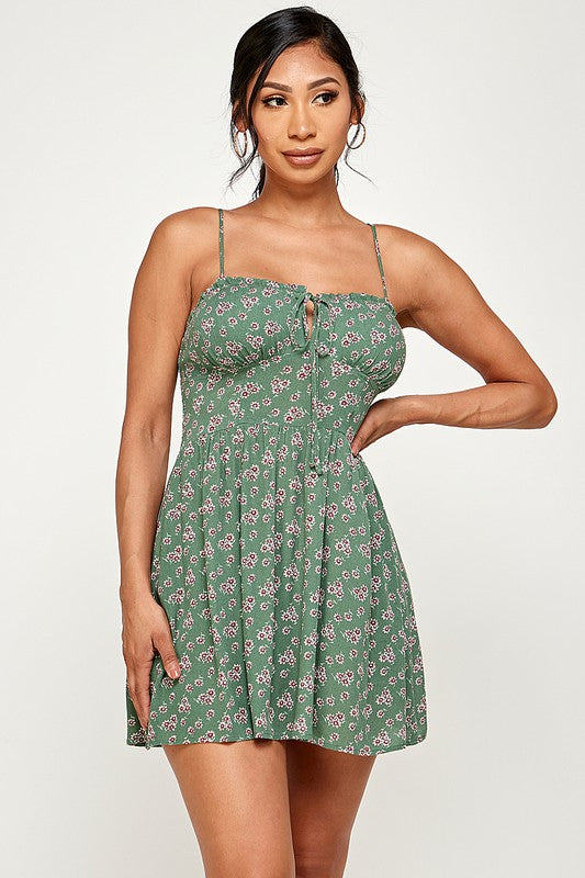 Ellie Floral Tie Front A Line Mini Dress - Green