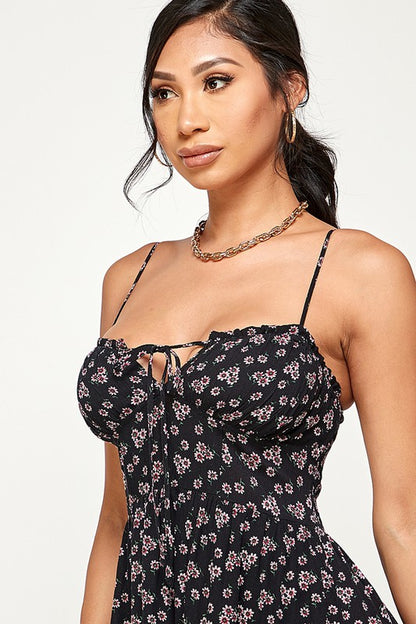 Ellie Floral Tie Front A Line Mini Dress - Black - Close Up