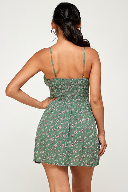 Ellie Floral Tie Front A Line Mini Dress - Green - Back View