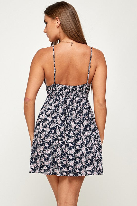 Dance With Me Floral Print Dress - Navy - Back View