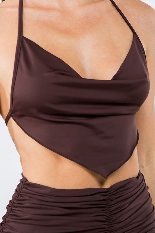 close up of Halter Top And Ruched Mini Skirt Set shown in brown