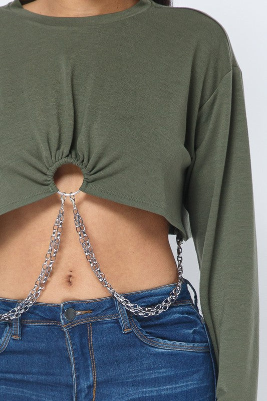 French Terry Chain Trim Long Sleeve Crop Top - Olive