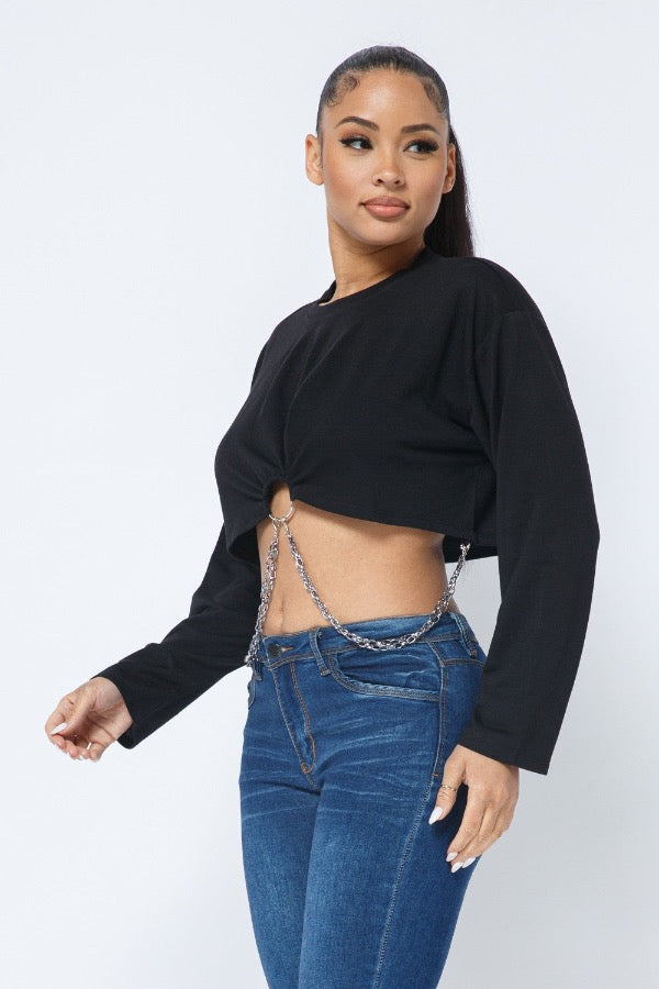 French Terry Chain Trim Long Sleeve Crop Top - Black