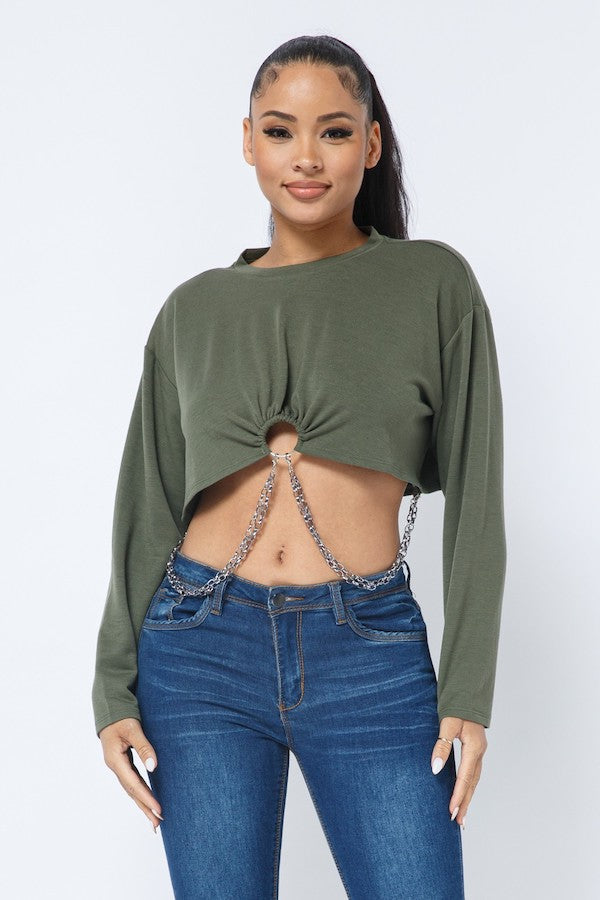 French Terry Chain Trim Long Sleeve Crop Top - Olive