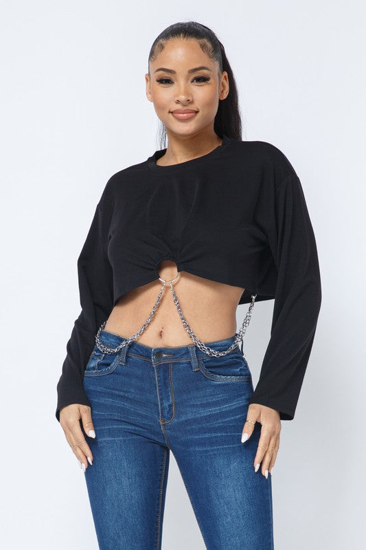 French Terry Chain Trim Long Sleeve Crop Top - Black