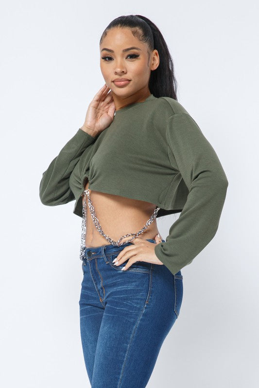 French Terry Chain Trim Long Sleeve Crop Top - Olive