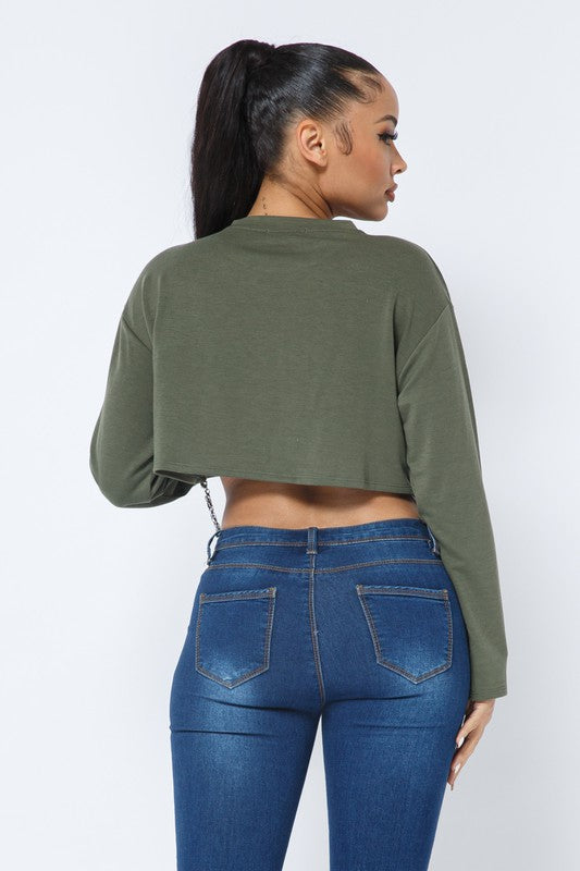 French Terry Chain Trim Long Sleeve Crop Top - Olive - Back View