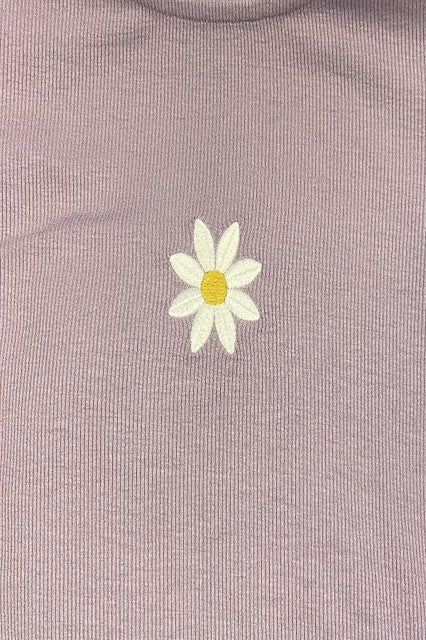 Ribbed Top With Embroidered Daisy - Lavender - Close Up