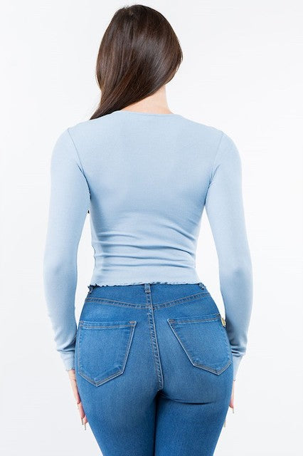 Ribbed Top With Embroidered Daisy - Blue - Back View