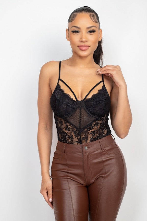 Caged Lace Mesh Bodysuit Top - Black