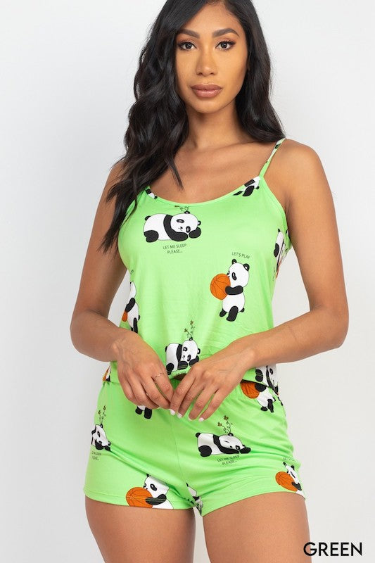 Panda Cami Top & Shorts Set - Green