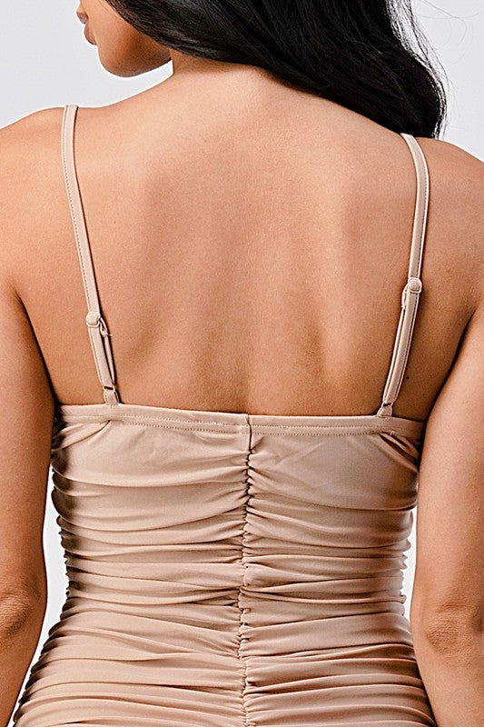 Soft Ruched Lace Up Bustier Dress - Beige - Close Up
