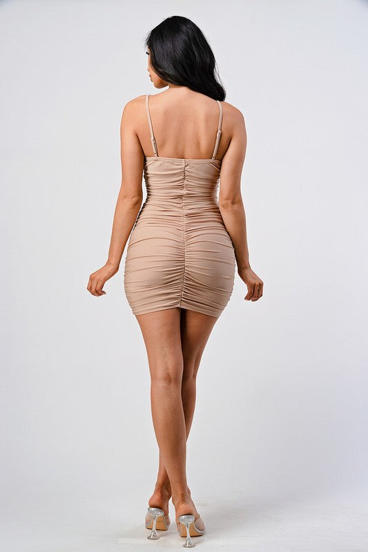 Soft Ruched Lace Up Bustier Dress - Beige - Back View