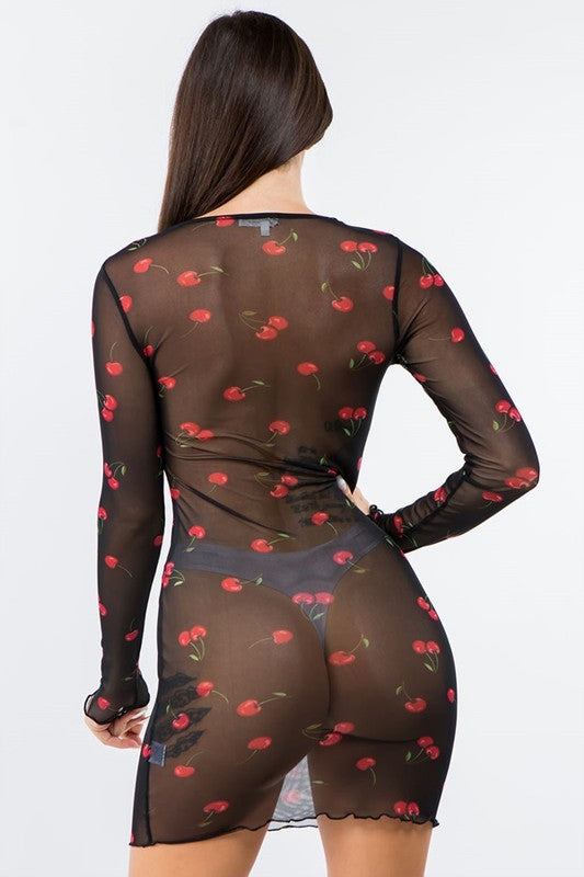 back of Cherries on Top Long Sleeve Mesh Dress