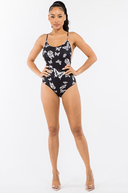 White Butterflies Print Sleeveless Round Neck Bodysuit - Black/White
