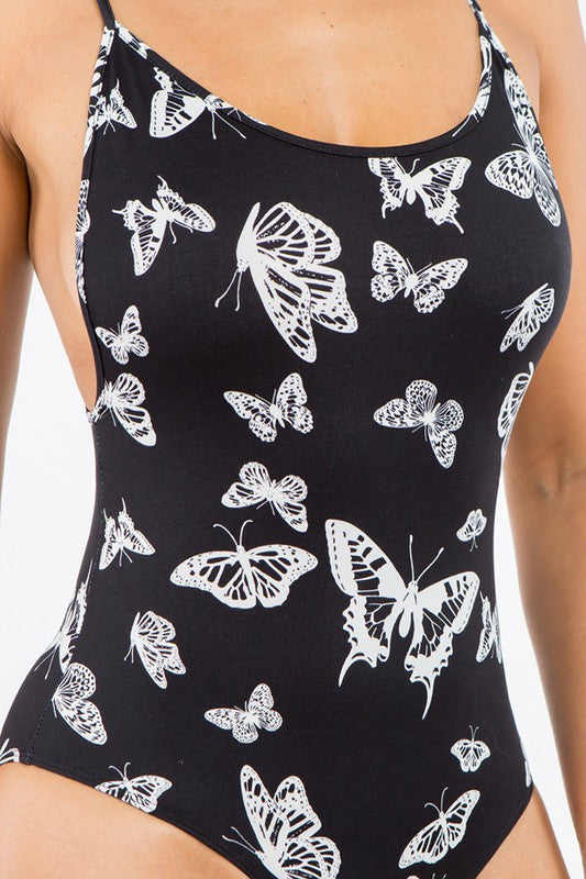 White Butterflies Print Sleeveless Round Neck Bodysuit - Black/White