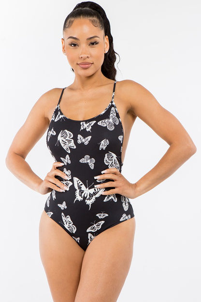 White Butterflies Print Sleeveless Round Neck Bodysuit - Black/White