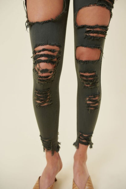 Classic 5 Button Distressed Skinny Jeans - Olive
