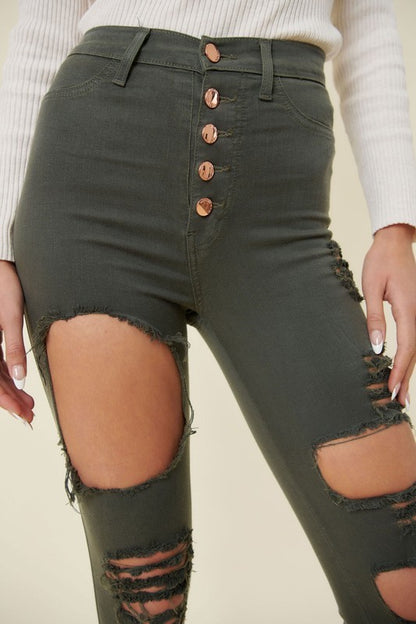 Classic 5 Button Distressed Skinny Jeans - Olive