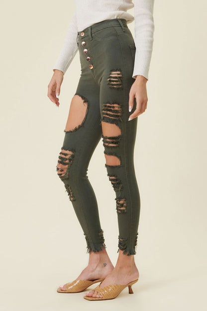 Classic 5 Button Distressed Skinny Jeans - Olive