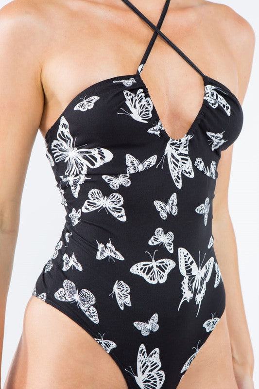 Halter Butterfly Bodysuit - Black/White