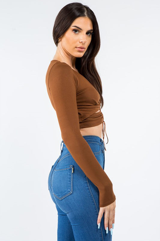 Long Sleeve Lace Up Crop Top - Brown