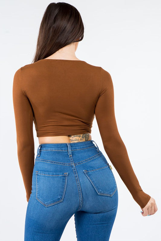 Long Sleeve Lace Up Crop Top - Brown - Back View