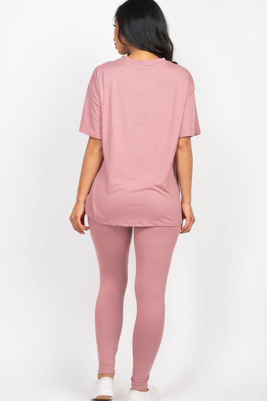 Oversized T-Shirt & Leggings Set - Pink - Back View
