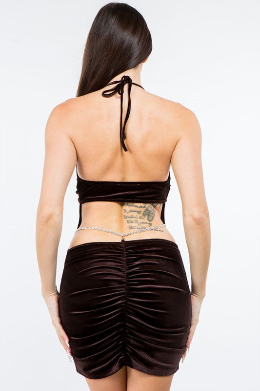 With A Twist Cut Out Halter Velvet Dress - Brown - Back View
