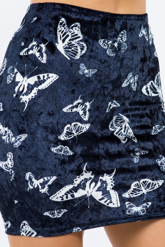 Butterfly Printed Velvet Mini Skirt - Navy