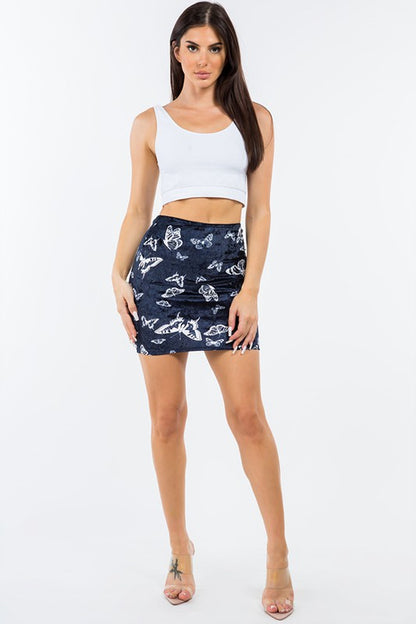 Butterfly Printed Velvet Mini Skirt - Navy
