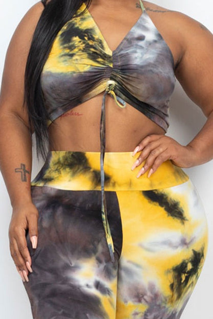 Plus Tie-Dye Ruched Crop Top and Leggings Set - Mustard