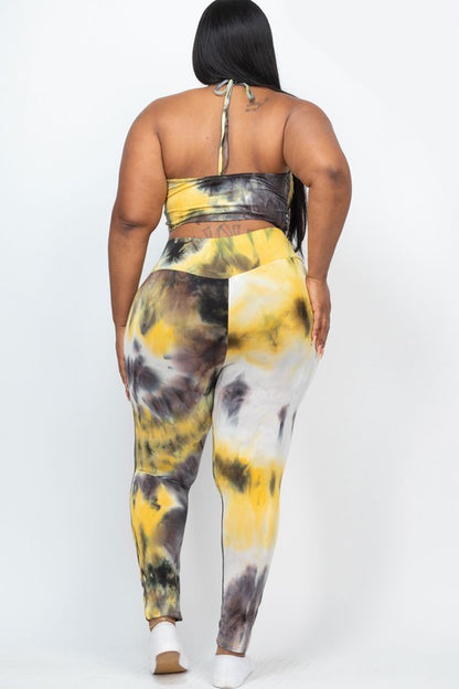 Plus Tie-Dye Ruched Crop Top and Leggings Set - Mustard - Back View