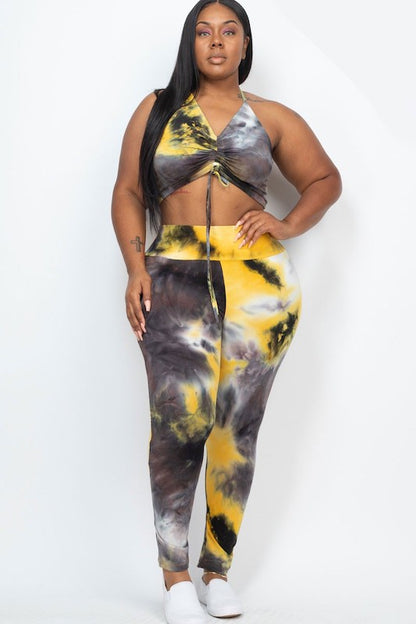 Plus Tie-Dye Ruched Crop Top and Leggings Set - Mustard