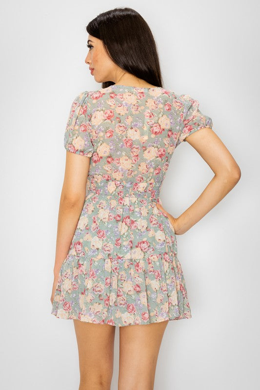 Rae Floral Print Mini Dress W/Lining - Sage - Back View