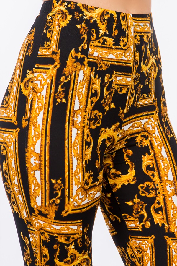 Baroque Print Flared Pants - Gold - Close Up