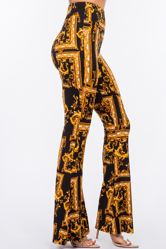 Baroque Print Flared Pants - Gold