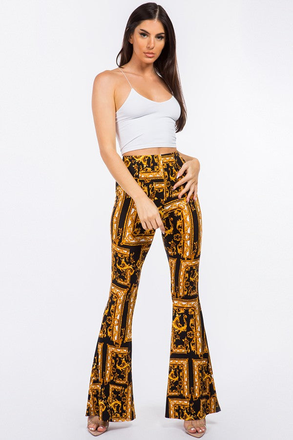 Baroque Print Flared Pants - Gold