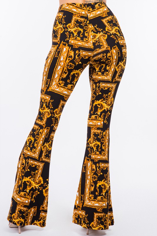 Baroque Print Flared Pants - Gold - Back View