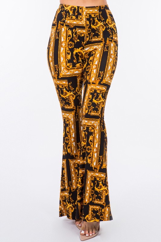 Baroque Print Flared Pants - Gold